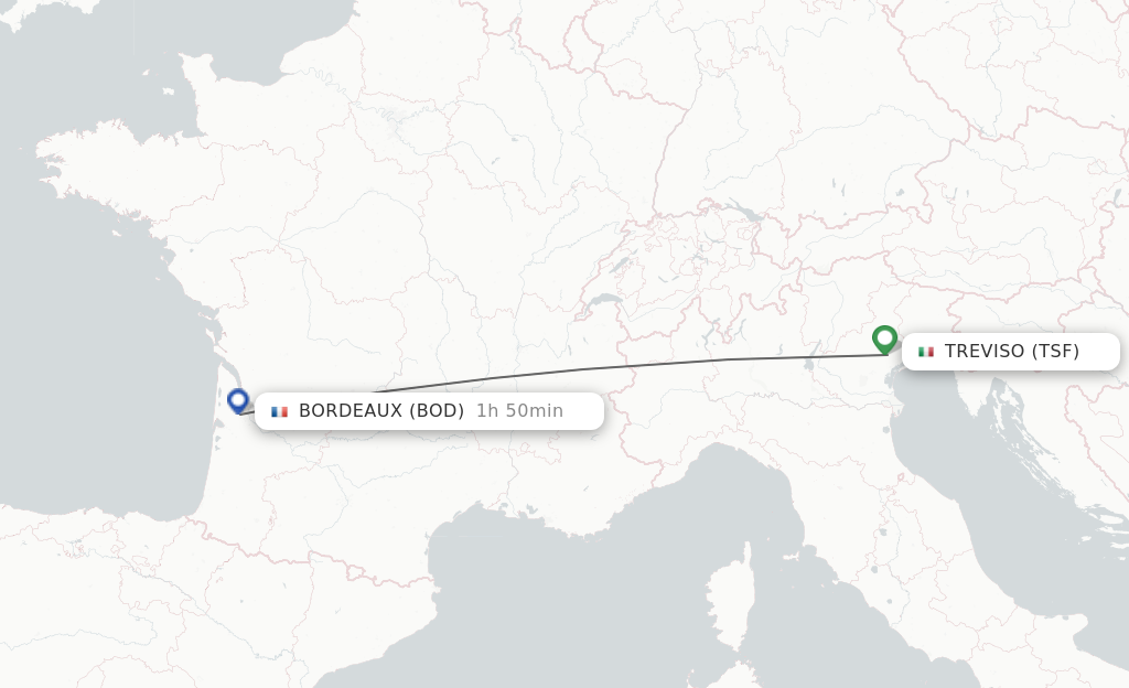Flights from Venice to Bordeaux route map