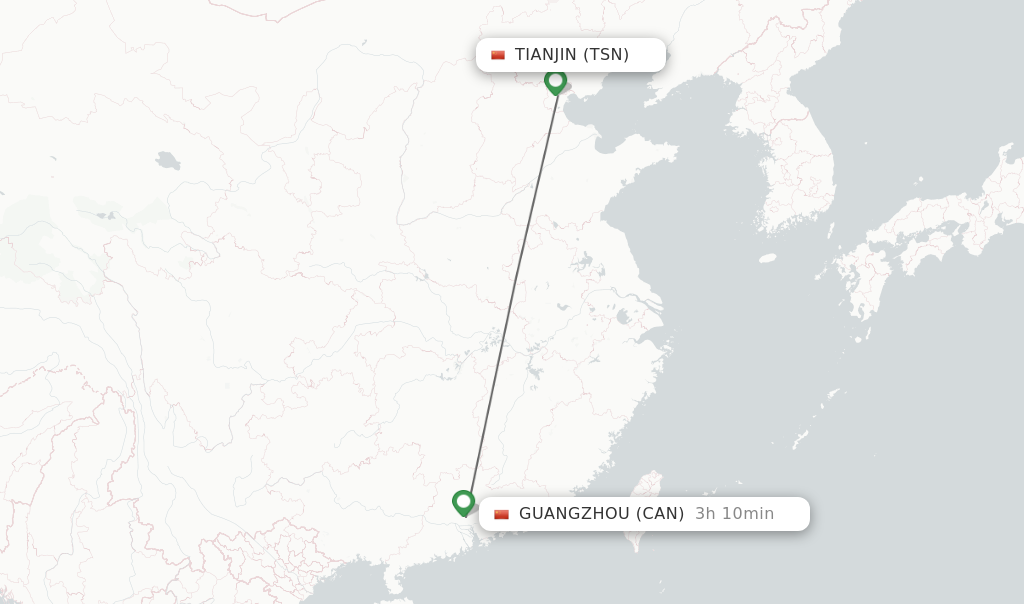 Flights from Tianjin to Guangzhou route map