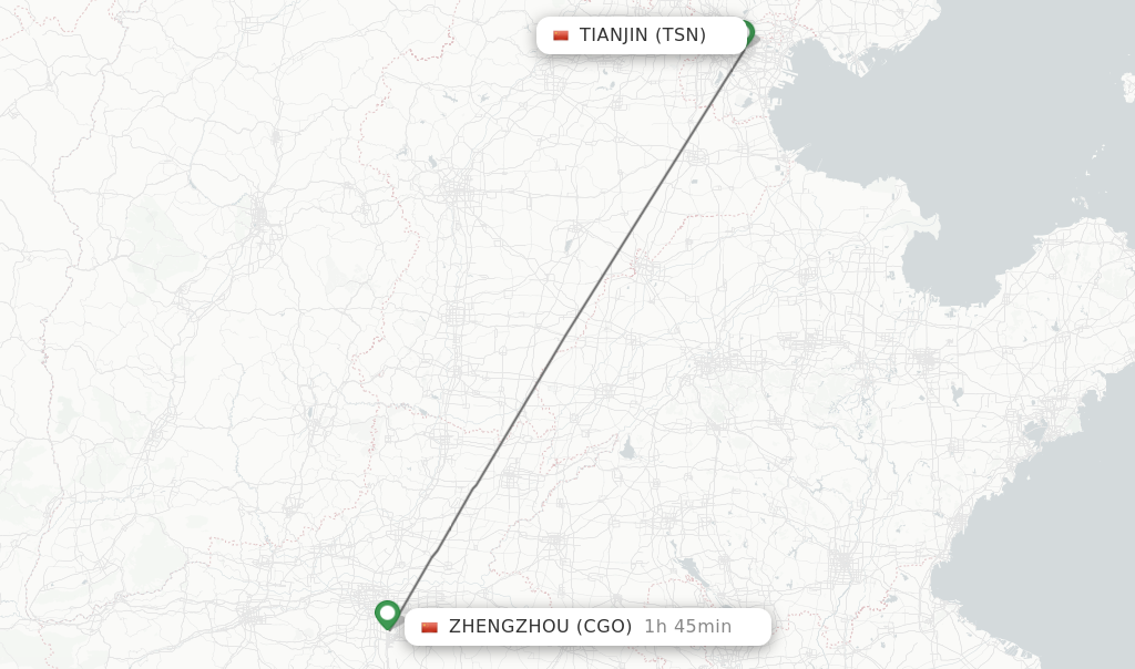 Flights from Tianjin to Zhengzhou route map