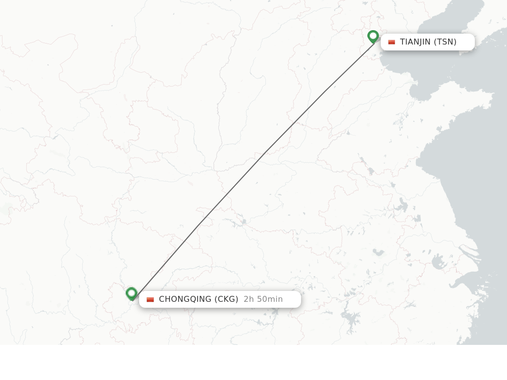 Flights from Tianjin to Chongqing route map