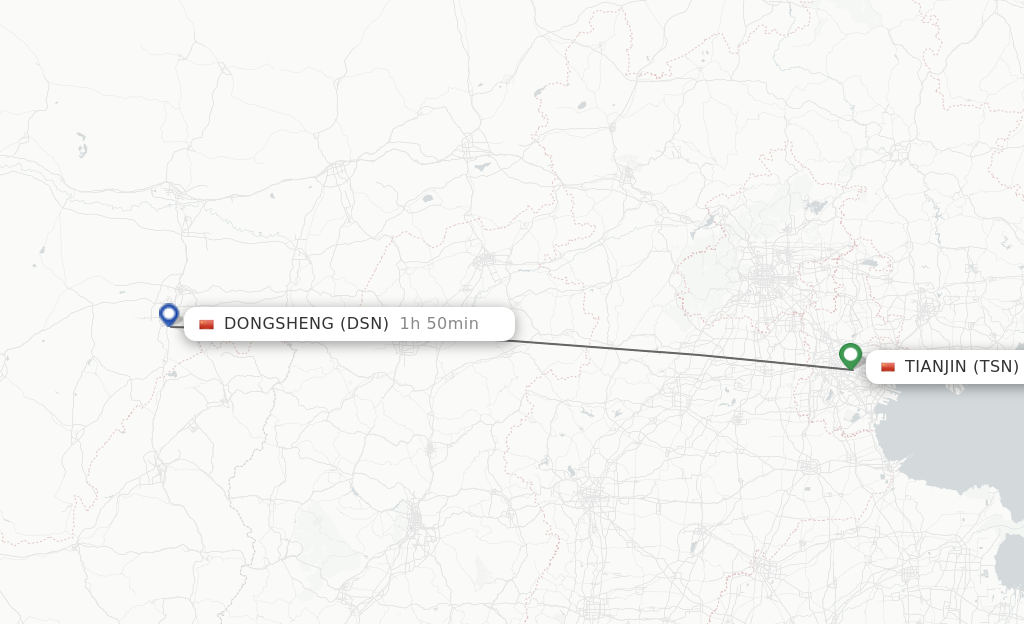 Flights from Tianjin to Dongsheng route map