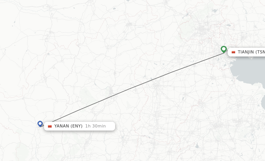 Flights from Tianjin to Yan'an route map