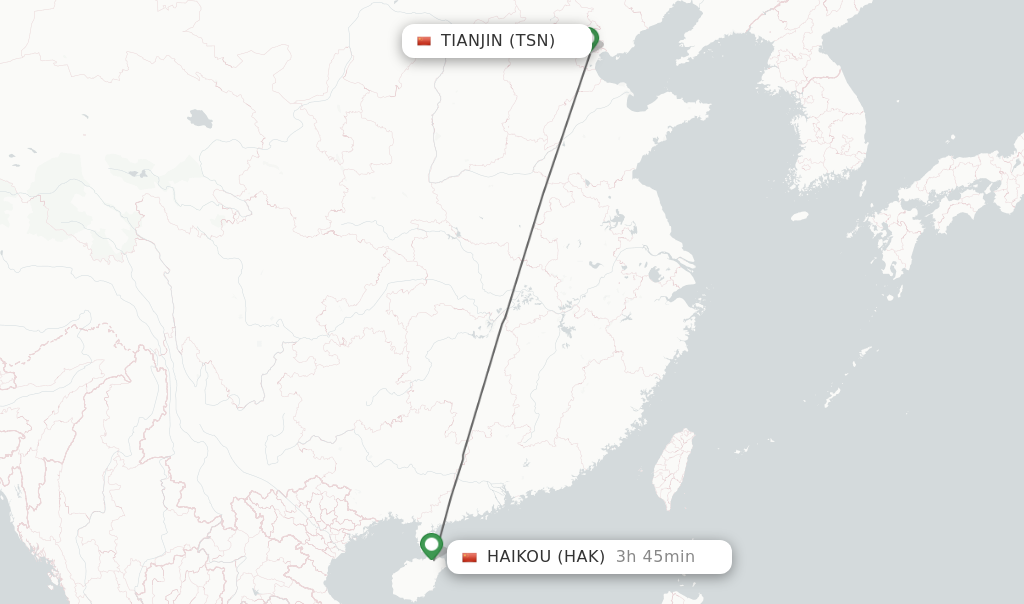 Flights from Tianjin to Haikou route map