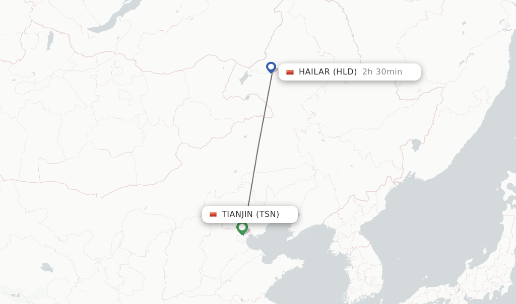 Flights from Tianjin to Hailar route map