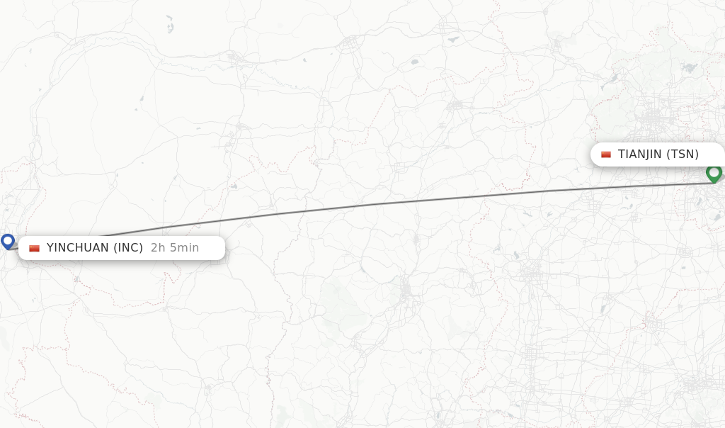 Flights from Tianjin to Yinchuan route map