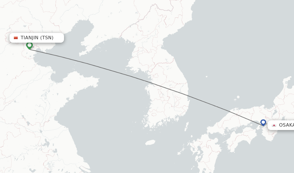 Flights from Tianjin to Osaka route map
