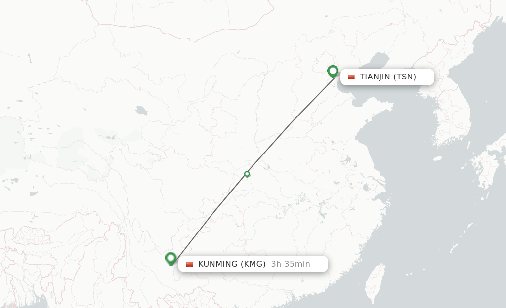 Flights from Tianjin to Kunming route map