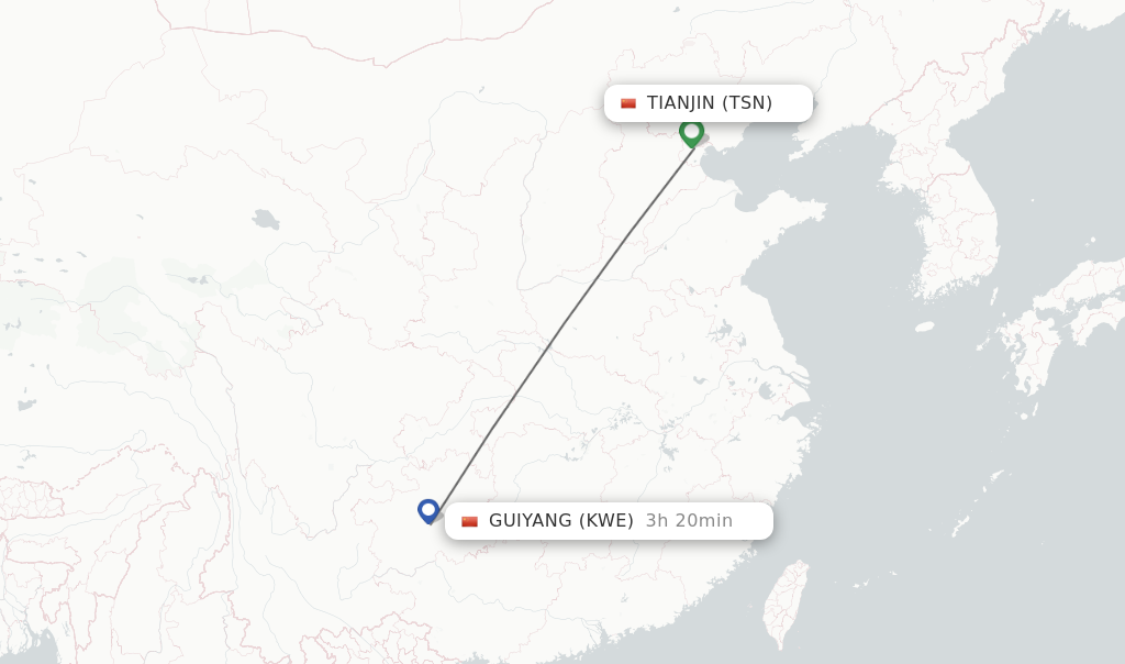 Flights from Tianjin to Guiyang route map