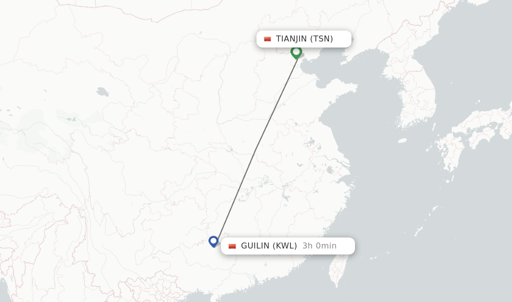 Flights from Tianjin to Guilin route map