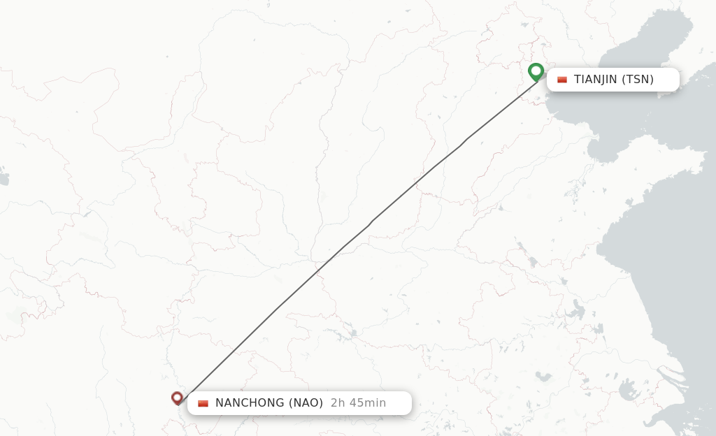 Flights from Tianjin to Nanchong route map