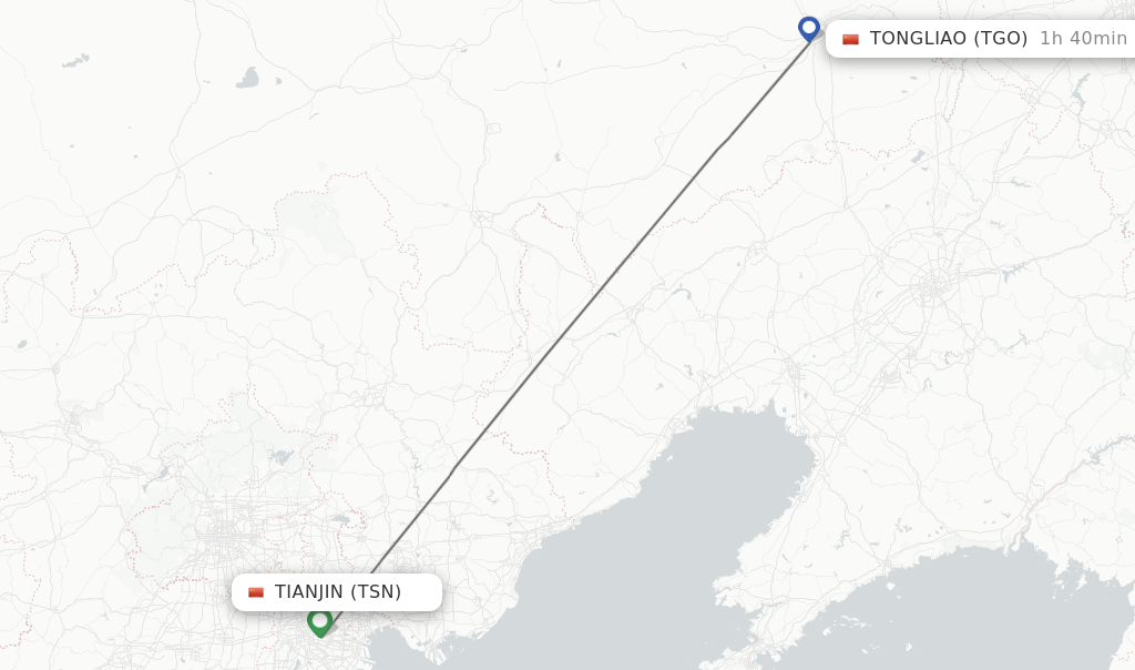 Flights from Tianjin to Tongliao route map