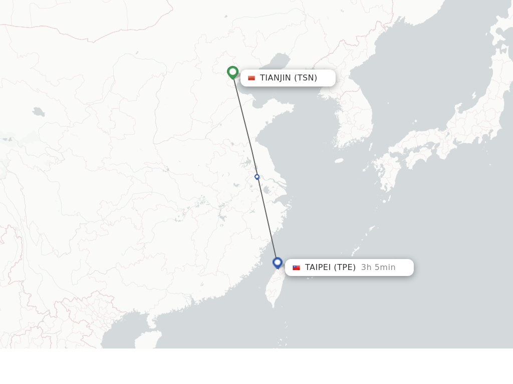 Flights from Tianjin to Taipei route map