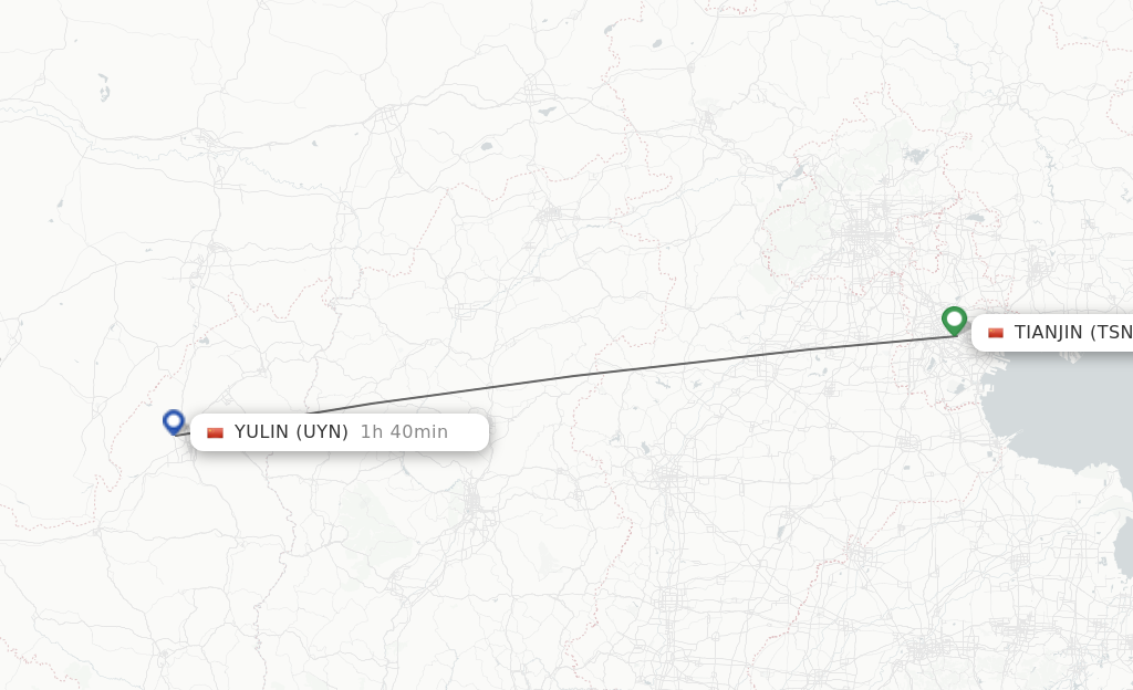 Flights from Tianjin to Yulin route map