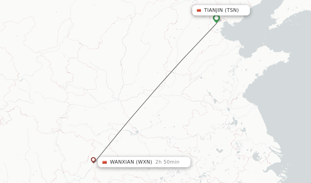 Flights from Tianjin to Wanxian route map
