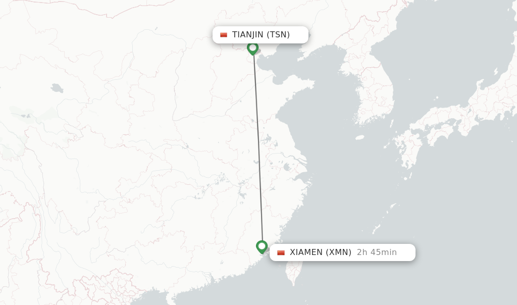 Flights from Tianjin to Xiamen route map