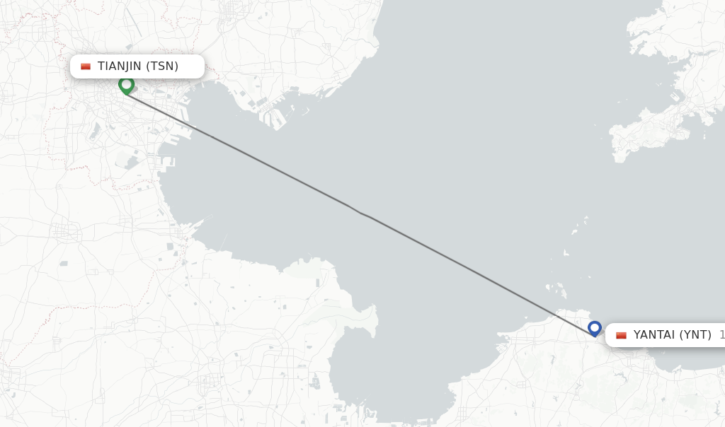 Flights from Tianjin to Yantai route map
