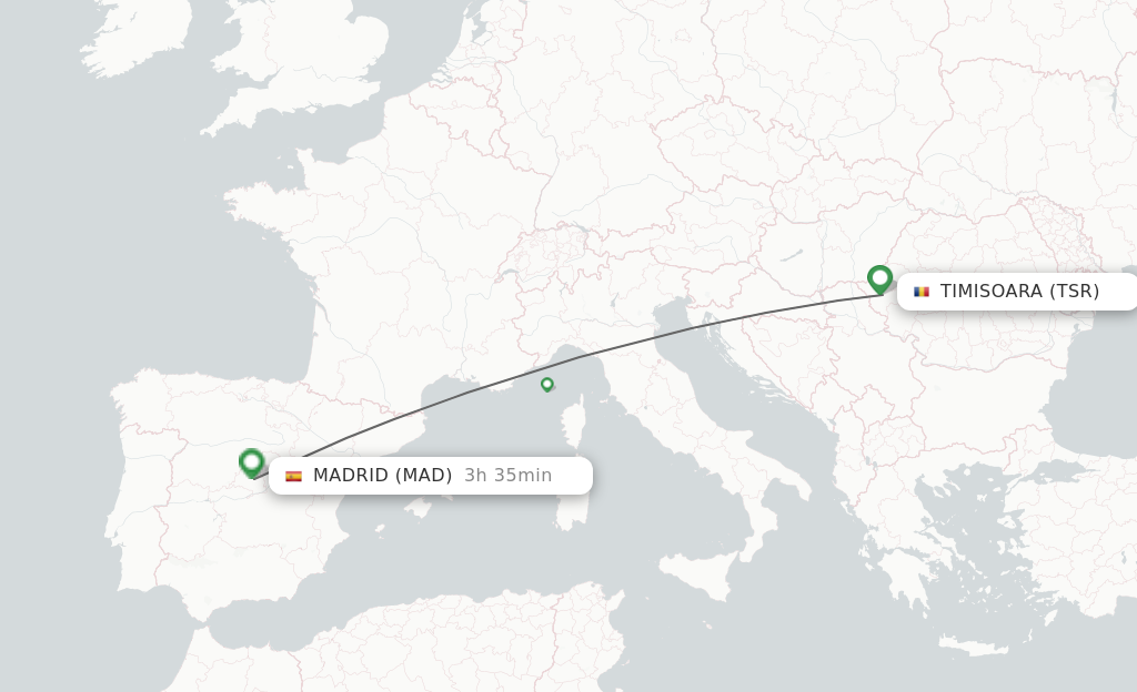 Flights from Timisoara to Madrid route map
