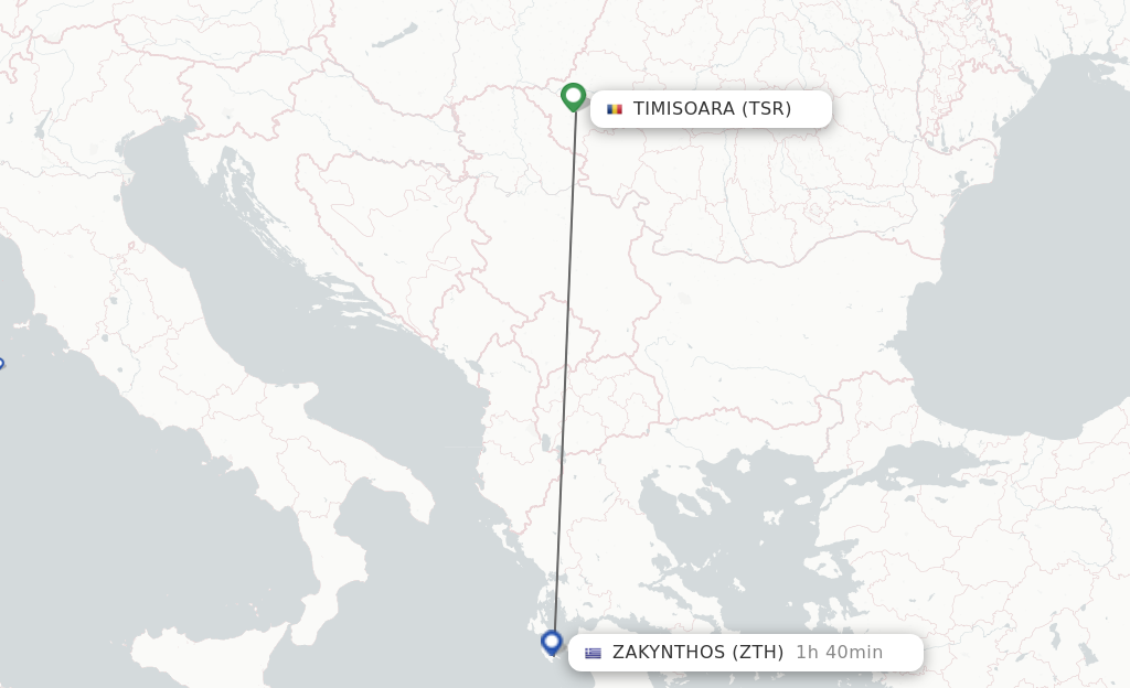 Flights from Timisoara to Zakinthos route map