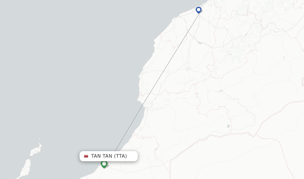Route map with flights from Tan Tan with Royal Air Maroc