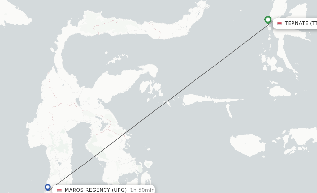 Flights from Ternate to Ujung Pandang route map