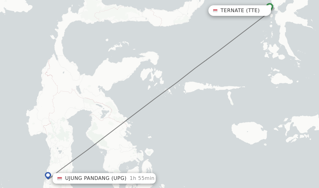 Flights from Ternate to Ujung Pandang route map