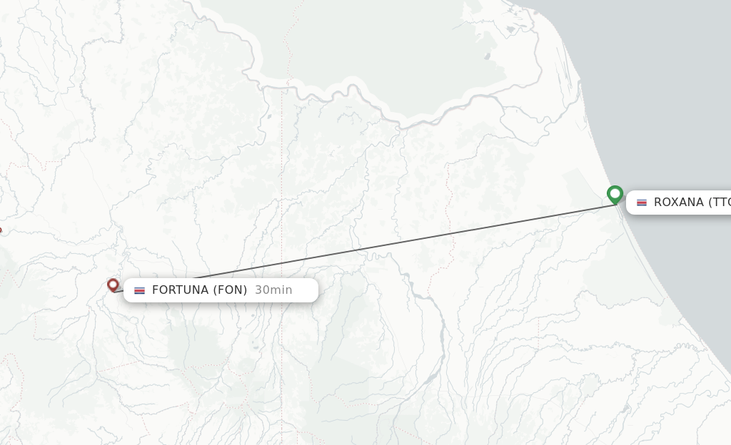 Flights from Tortuquero to Fortuna route map
