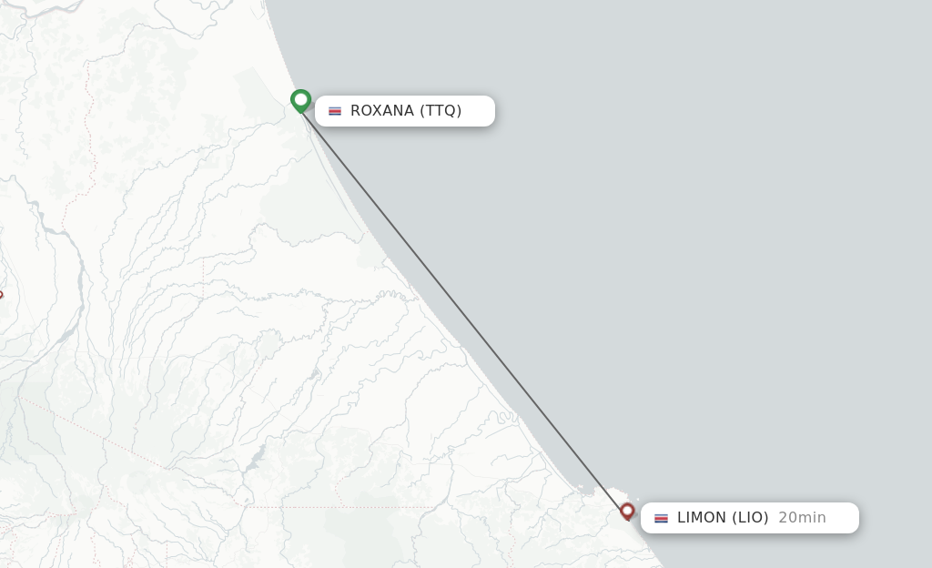 Flights from Tortuquero to Limon route map