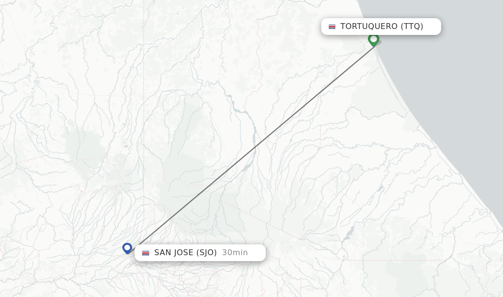 Flights from Tortuquero to San Jose route map
