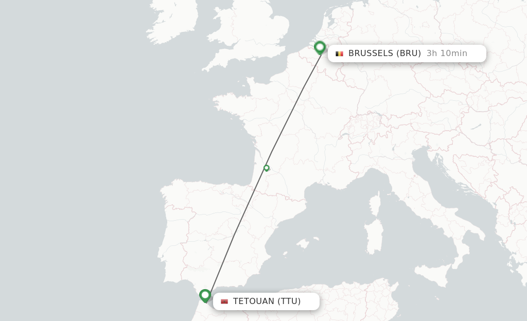 Flights from Tetouan to Brussels route map