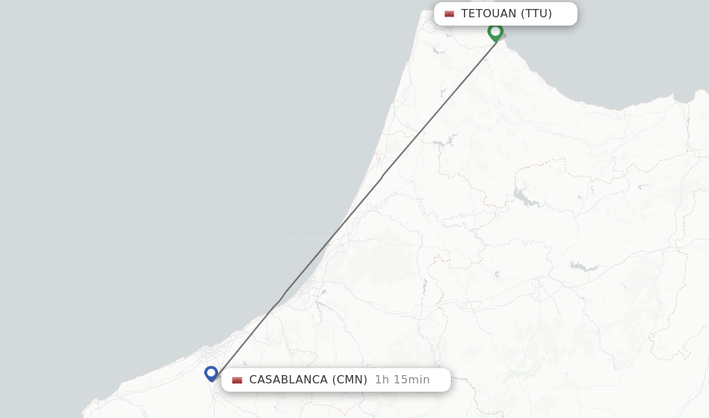 Flights from Tetouan to Casablanca route map