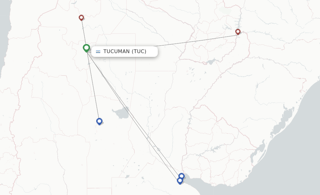 Route map with flights from Tucuman with Aerolineas Argentinas