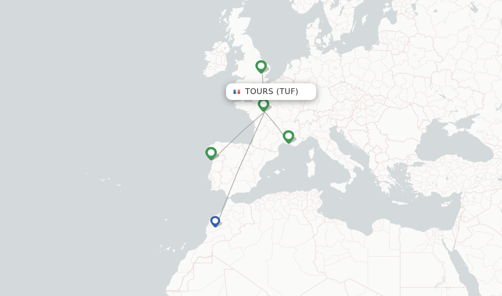 Route map with flights from Tours with Ryanair