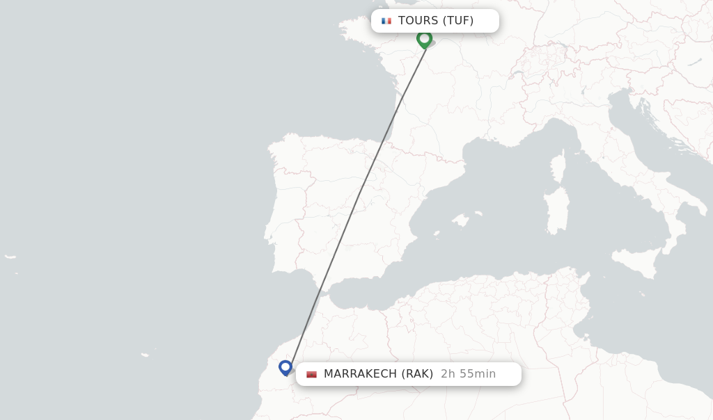 Flights from Tours to Marrakech route map