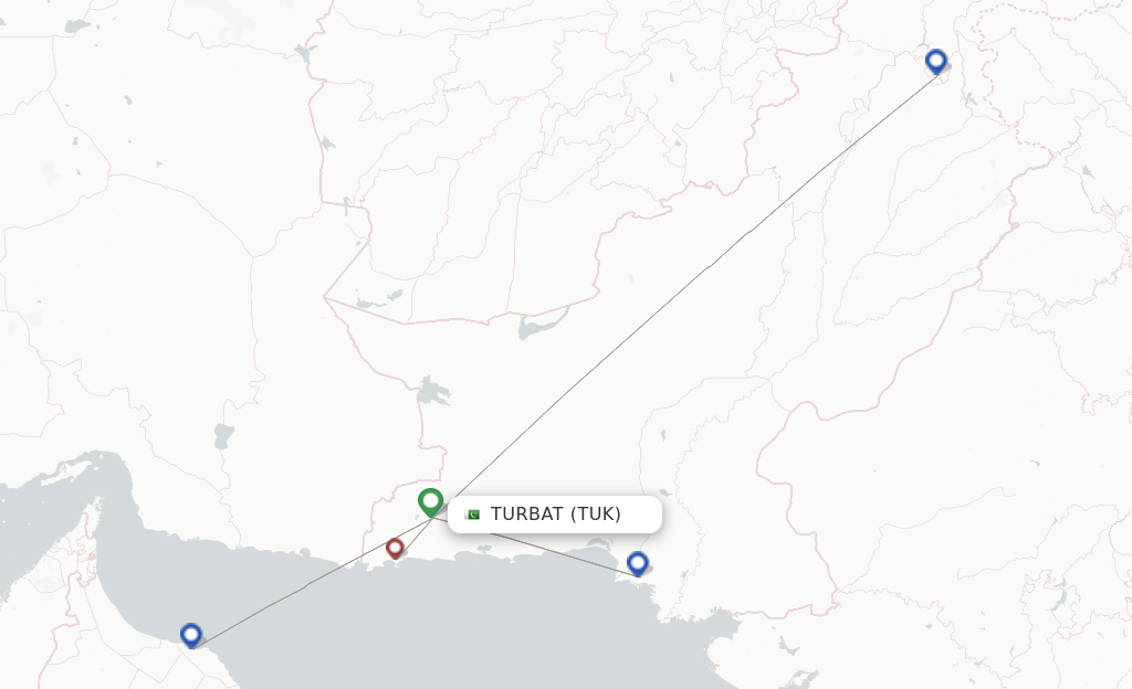 Route map with flights from Turbat with Pakistan International Airlines