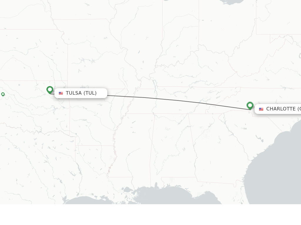 Flights from Tulsa to Charlotte route map
