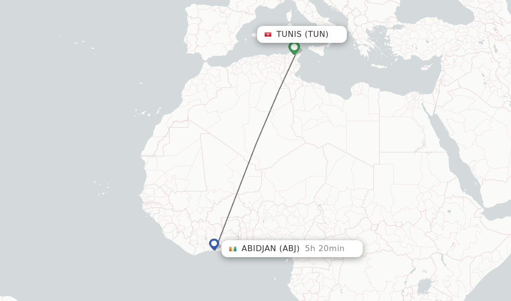 Flights from Tunis to Abidjan route map