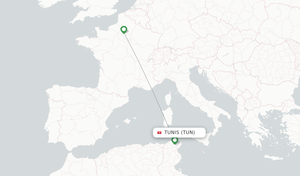 Route map with flights from Tunis with Air France
