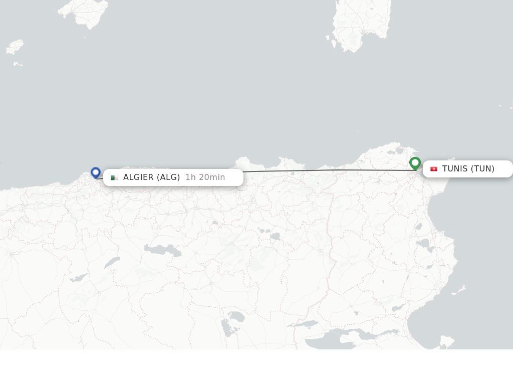 Flights from Tunis to Algiers route map