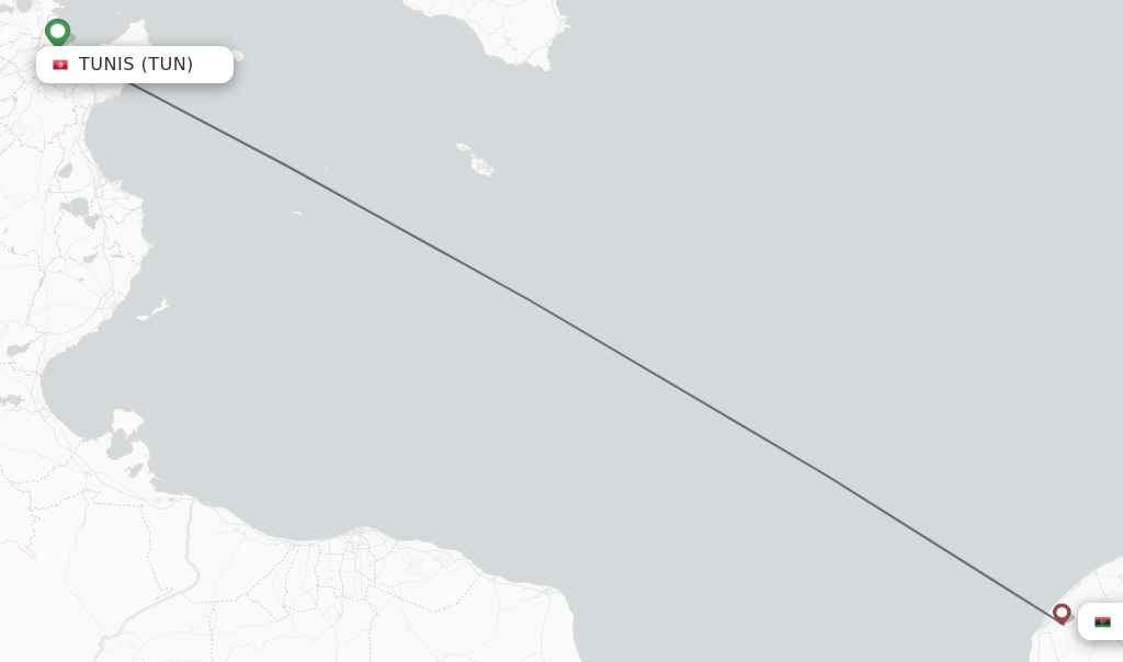 Flights from Tunis to Benghazi route map