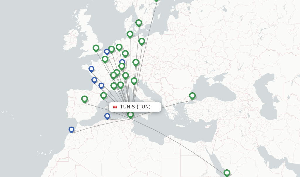 Route map with flights from Tunis with Nouvelair