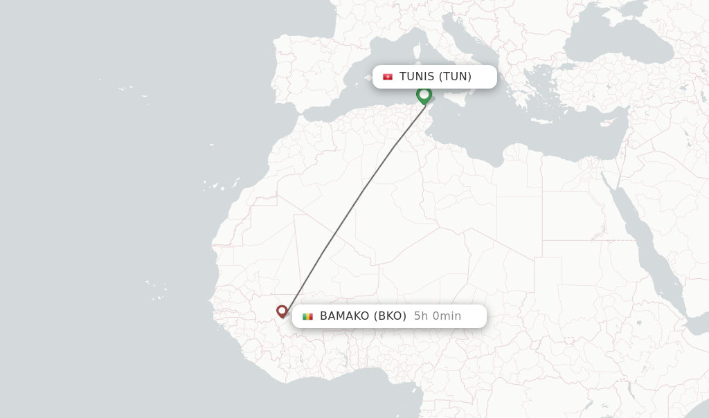 Flights from Tunis to Bamako route map