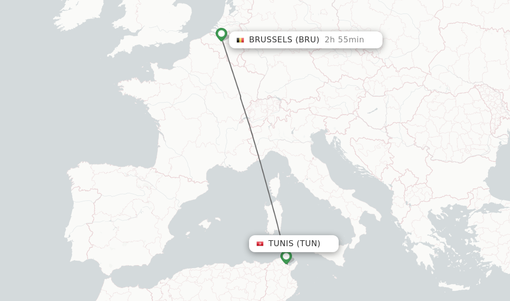 Flights from Tunis to Brussels route map