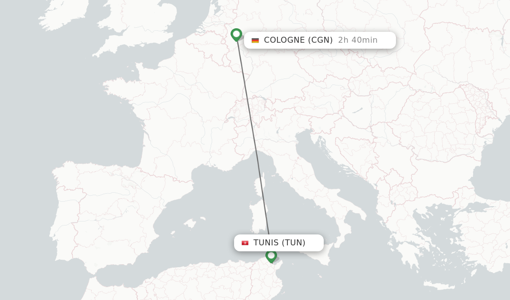 Flights from Tunis to Cologne route map