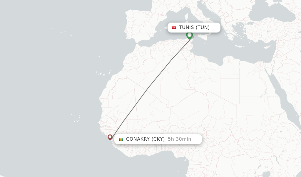 Flights from Tunis to Conakry route map