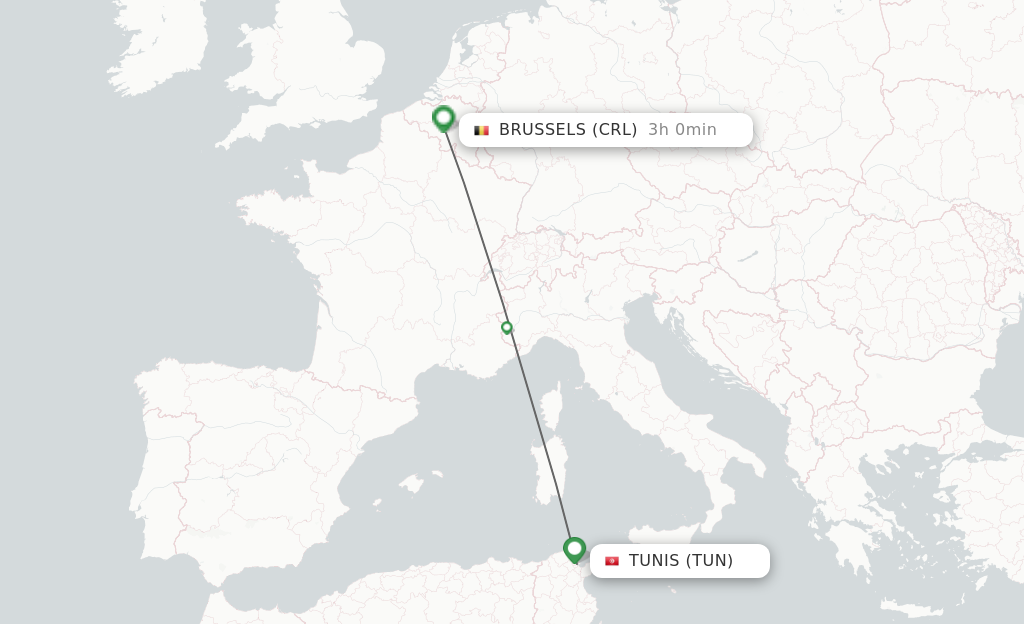 Flights from Tunis to Brussels route map
