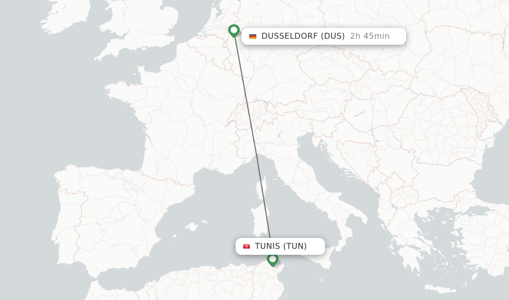 Flights from Tunis to Dusseldorf route map