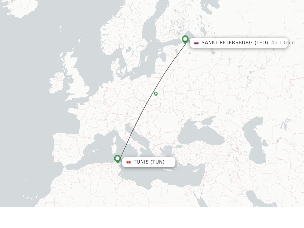 Flights from Tunis to Saint Petersburg route map