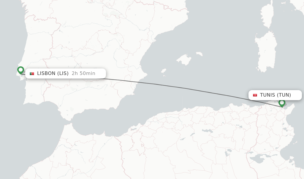 Flights from Tunis to Lisbon route map