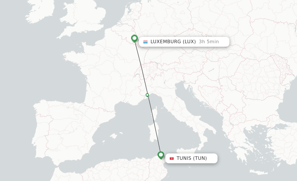 Flights from Tunis to Luxembourg route map