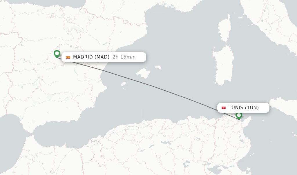 Flights from Tunis to Madrid route map